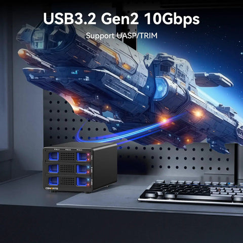 Beefy Hybrid Storage Rig Housing Two Sata Drives Alongside Triple M.2 NVMe Slots With Flexible Raid Configs Built In Silent Fan And Super Fast Dual USB 3.2 Ports For Max Capacity Setup on a desk with spaceship backdrop.