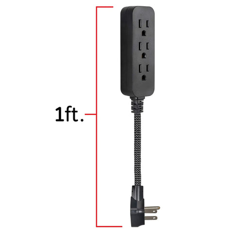 Pro Mini 3 Outlet Power Strip With 6 Inch Designer Braided Cord, Flat Plug, Grounded, UL Listed, Black And Gray Chevron Cable
