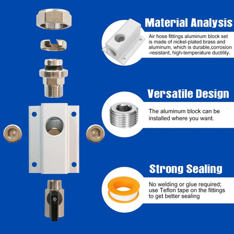 Exploded view of Three Quarter Inch Compressed Air Outlet Kit With Air Manifold And One Half Inch NPT Straight Fitting showing components.