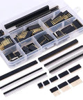 All In One 112Pcs 2.54mm Pin Header Kit for Arduino prototyping with assorted male and female headers in a plastic organizer box.