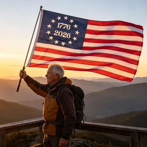 Man holding Rugged 3x5 Outdoor American Flags For 250th Anniversary Betsy Ross Style Nylon With Embroidered Stars And Sewn Stripes
