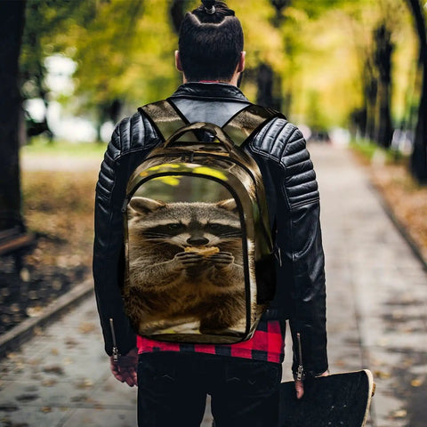 Rock Snack Raccoon Print Backpack Unisex Large Capacity Daypack Made Of Durable Polyester With Breathable Fabric