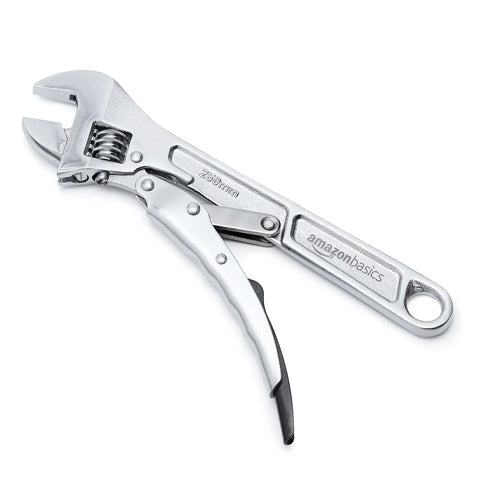 10 Inch Locking Adjustable Wrench With Quick Release And Inch Metric Scale Rust Resistant Precision Machined Jaw And Worm Gear Drop Forged Carbon Steel For Auto Repair Plumbing And DIY Maintenance 2.7 X 0.75 Inch, showing wrench from side angle on white background