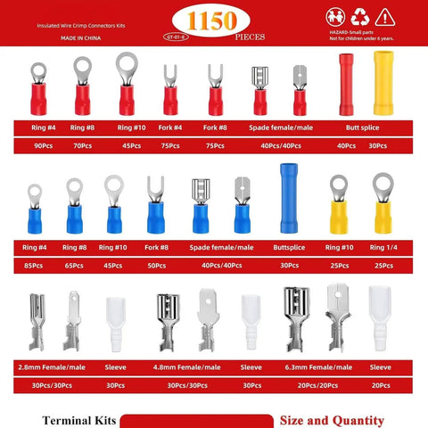 Huge 1150 Piece Wire Connectors Kit With Insulated Terminals And Crimper For Automotive Wiring Projects Featuring Red Blue Yellow Assorted Ring Spade Fork Butt Splice Quick Disconnects That Fit AWG 22 To 10 Like A Glove. 1150-piece insulated terminal kit