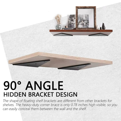 Four Pack Floating Shelf Brackets 4x3 Inch Hidden Triangle Design installed under wooden shelf showing side view