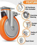 Six Inch Swivel Caster Wheels Set Of Four Heavy Duty Polyurethane Tires With Locking Brakes showing oversized bearing and dustproof ring.