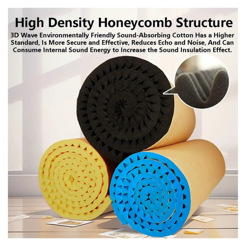 Killer Self Adhesive Egg Crate Acoustic Foam Panels 2 CM Thick Soundproofing Foam in black, yellow, and blue rolls for noise control.