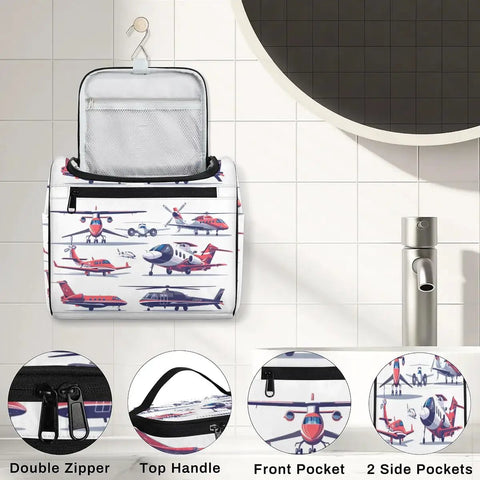 Aircraft Pattern Travel Toiletry Bag For Women And Men, Large Capacity 10.2 x 6.5 x 9.2 Inches, hanging in bathroom