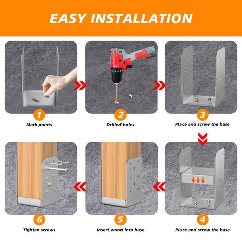 Step-by-step installation of Beefy Stainless Steel 4x4 Post Base Bracket Set Adjustable Internal 3.5x3.5 In Concrete Post Anchor