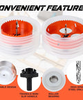 Otoolling 4in/6in hole saw set for recessed can lights; two pieces, orange teeth, white housing, dust-collection bowls