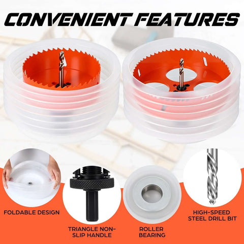 Otoolling 4in/6in hole saw set for recessed can lights; two pieces, orange teeth, white housing, dust-collection bowls