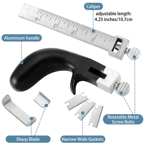 Pro Grade Leather Strap Cutter Kit With Aluminum Handle And Three Blades, Stainless Steel Crafting Tools, ruler, and accessories shown