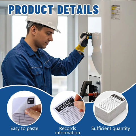 Worker using 500 Pack Inspection Record Labels for Safety Inspections, Equipment Maintenance, Quality Control, Accident Prevention.