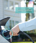 Level 2 Electric Vehicle Charger 40 Amp 240 Volt NEMA 14 50 Plug 16 Ft Cable connected to vehicle, highlighting safety certification.