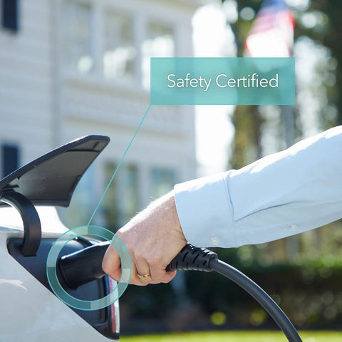Level 2 Electric Vehicle Charger 40 Amp 240 Volt NEMA 14 50 Plug 16 Ft Cable connected to vehicle, highlighting safety certification.