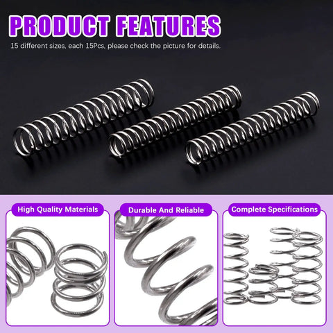 240 Piece Stainless Steel Compression Springs Kit In 15 Sizes For Home And Workshop Repairs, multiple coil springs shown.