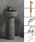 No Cap Top Tier Handmade Ceramic Vessel Bathroom Sink Set With Heavy Duty Pedestal Base And Included Faucet Hardware for indoor outdoor use.