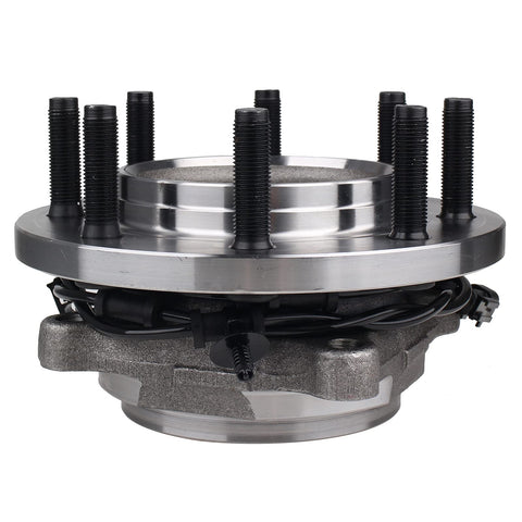 Front Wheel Hub And Bearing Assembly For 2014-2018 Ram 2500 And 2013-2018 Ram 3500 With ABS 8 Lug Front Position Driver Or Passenger Side Corrosion Resistant Durable Replacement Part For Smooth Steering, showcasing the hub with attached ABS wiring and lug bolts, side view.