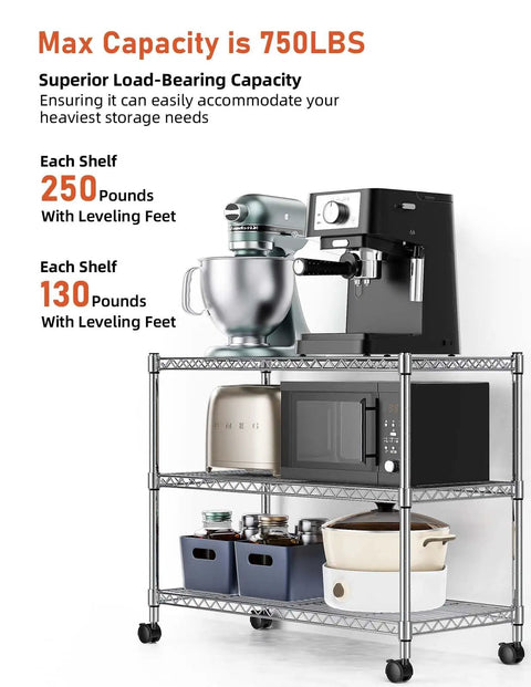 Heavy Duty Chrome Steel Rolling Storage Shelves Three Tier Mobile Wire Rack with kitchen appliances and storage containers.