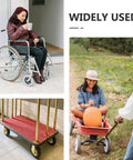 Various uses of durable rear wheels: woman in wheelchair, person with pumpkin in cart, and platform trolley indoors.