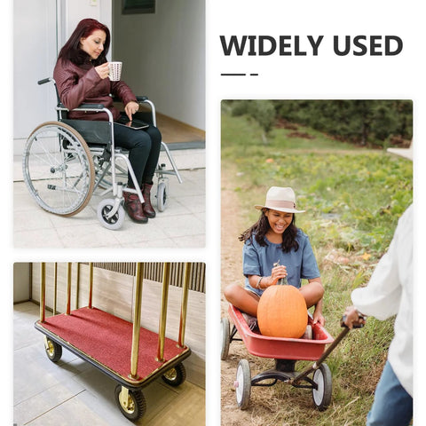 Various uses of durable rear wheels: woman in wheelchair, person with pumpkin in cart, and platform trolley indoors.