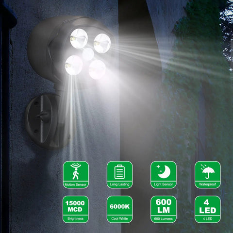 Motion Sensor Outdoor Lights Battery Powered 600LM Security Spotlight For Outside, 6000K Ultra Bright LED Wall Light, Black