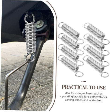 8 Piece Small Extension And Compression Springs With Hook Ends Made From Heavy Duty Stainless Steel For Electric Vehicle Supports And Ladder Feet Reliable Spring Kit That Handles Heavy Loads No Hassle, 8-piece spring kit on vehicle stand