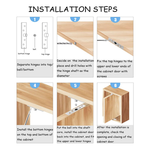 Installation steps for Hidden Door Pivot Hinge 75mm Stainless Steel 360 Degree Rotation for Cabinets and Cupboards Brushed Finish.