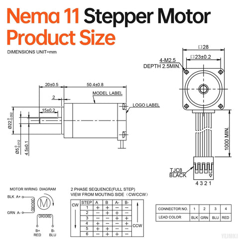 YEJMKJ Nema 11 stepper motor size diagram with front and side views, dimensions and wiring.
