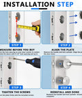 Installation steps for Four Pack Door Reinforcement Plates for One and Three Quarters Inch Thick Doors Stainless Steel Jamb Plate With Deadbolt Cover and Latch Reinforcement Two Hole Design to Beef Up Your Home Security showing measurement, alignment, and attachment.