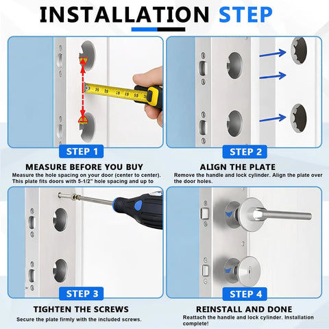 Installation steps for Four Pack Door Reinforcement Plates for One and Three Quarters Inch Thick Doors Stainless Steel Jamb Plate With Deadbolt Cover and Latch Reinforcement Two Hole Design to Beef Up Your Home Security showing measurement, alignment, and attachment.