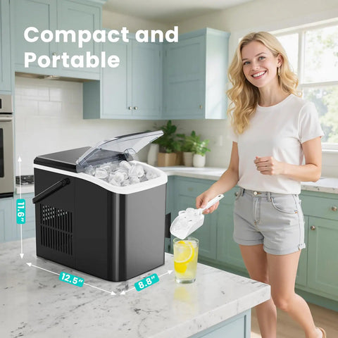Woman using Countertop Ice Maker With Handle Auto Clean Portable Ice Maker 26 Lbs In 24 Hours 9 Ice Cubes In 6 Minutes Two Ice Cube Sizes Includes Basket And Scoop Party Ready For Home Camping Or RV Black in kitchen.