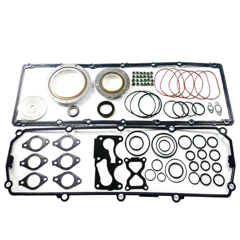 Dead Nuts C11 Diesel Engine Full Gasket Set For 14M Motor Grader Rig Workhorse Slick Overhaul Kit laid out with seals and gaskets.