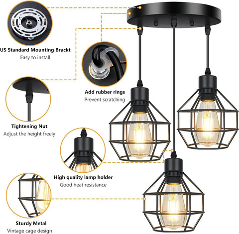 Farmhouse 3 Light Pendant Fixtures With Adjustable Cords For Kitchen Island And Dining Room Industrial Black Metal Cage Ceiling Lamp