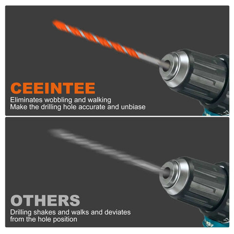 Front view of Ceeintee 12-pc concrete drill bit set with carbide hex shank and orange spiral tip.