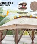 Pop Up Gazebo 11x11 Instant Canopy Tent With Mesh Netting, Patio Shade Shelter For Beach Or Backyard, 121 Square Feet Of Coverage, Beige, showing vented canopy and netting