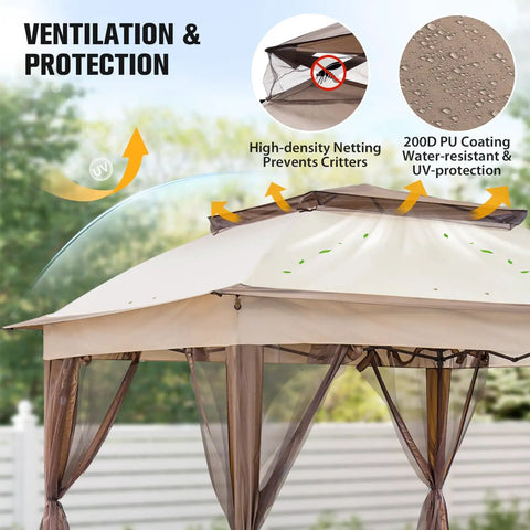 Pop Up Gazebo 11x11 Instant Canopy Tent With Mesh Netting, Patio Shade Shelter For Beach Or Backyard, 121 Square Feet Of Coverage, Beige, showing vented canopy and netting
