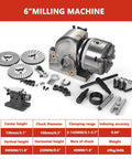 Heavy Duty Rock Solid Six Inch Cnc Rotary Table With Three Jaw Chuck And Dividing Head shown with accessories and specifications.
