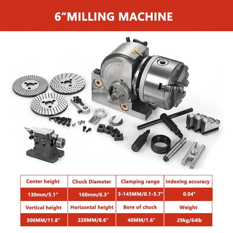 Heavy Duty Rock Solid Six Inch Cnc Rotary Table With Three Jaw Chuck And Dividing Head shown with accessories and specifications.