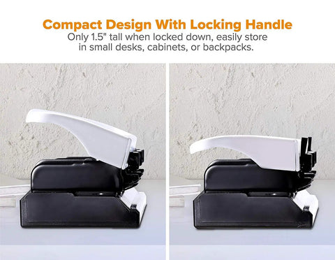 Workhorse 3 Hole Punch For Office Use, 12 Sheet Capacity, Solid Metal Construction, Rubber Base For Desk Protection, Side View