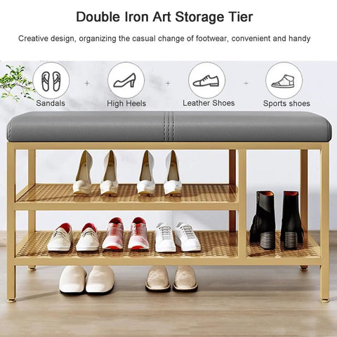 Industrial Entryway Shoe Bench With Cushioned Seat And Built In Shoe Rack And Shelf Sturdy Metal Frame Ideal Hallway Mudroom Bench