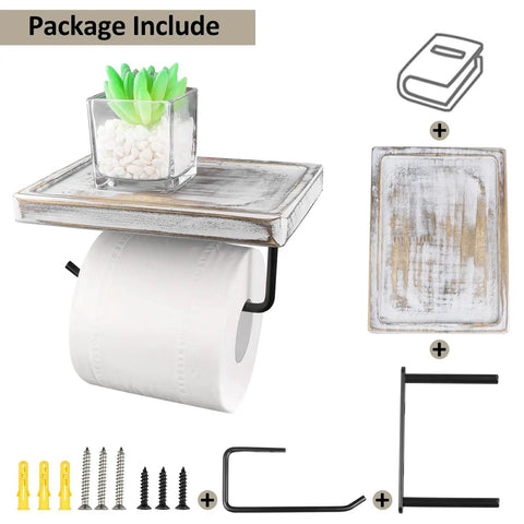 Rustic Wood Toilet Paper Holder With Shelf Easy Mount Wall Mounted Tissue Roll Holder With Black Metal Accents kit contents