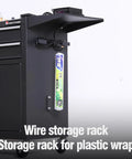 Side view of the Rolling Tattoo Workstation Cart With Two Lockable Drawers On Wheels Metal Tool Chest With Cabinet And Side Trays Mobile Workbench For Tattoo Studio Salon Garage And Workshop with a wire and plastic wrap rack attached.