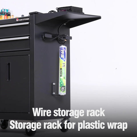 Side view of the Rolling Tattoo Workstation Cart With Two Lockable Drawers On Wheels Metal Tool Chest With Cabinet And Side Trays Mobile Workbench For Tattoo Studio Salon Garage And Workshop with a wire and plastic wrap rack attached.