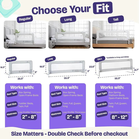 Image showing options for Keep Lil Ones Snuggled With This Smooth Swing Down Toddler Bed Rail sizes: Regular, Long, and Tall with dimensions.