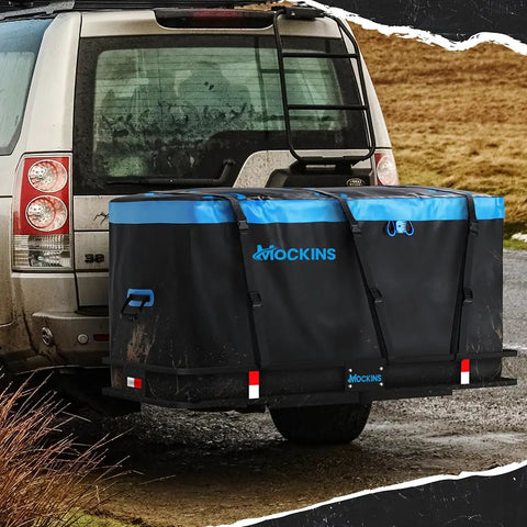 Big 25 Cu Ft Weatherproof Trailer Hitch Cargo Carrier Bag Set mounted on SUV, durable black vinyl, blue accents, secure straps