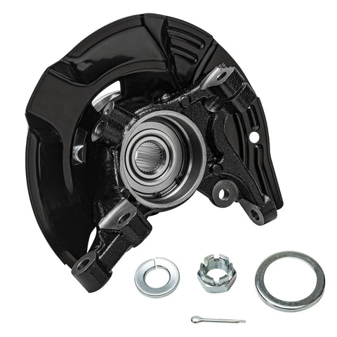 2 Front Steering Knuckles And Wheel Hub Bearing Assembly Kit For Hyundai Sonata 2011 2.0L Sport Suspension Replacement Direct Fit Includes Both Front Knuckles And Bearings Durable Steel Construction Perfect OEM Style Upgrade showing one knuckle and hub bearing with components.