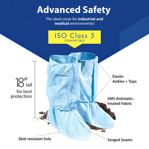 Traction 18 Inch Blue Disposable Boot Covers With Non Slip Sole Water Resistant Skid Resistant Booties ISO Class 5