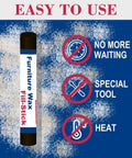 Three Shades Of Brown Wood Filler Sticks Kit For Fast DIY Furniture Repair Easy Rub And Buff Wax Putty instructions with symbols.
