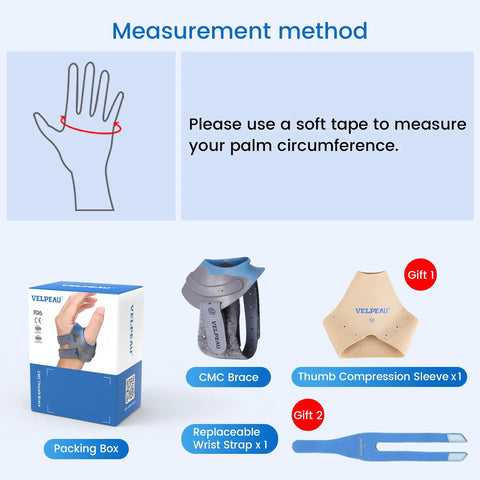 Measurement guide for CMC Thumb Brace For Osteoarthritis With Shape Memory Restriction Splint, package and accessories included